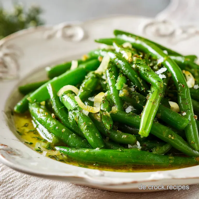 A rustic ceramic bowl filled with tender green beans and chunky tomatoes, glistening with herbs and oil.