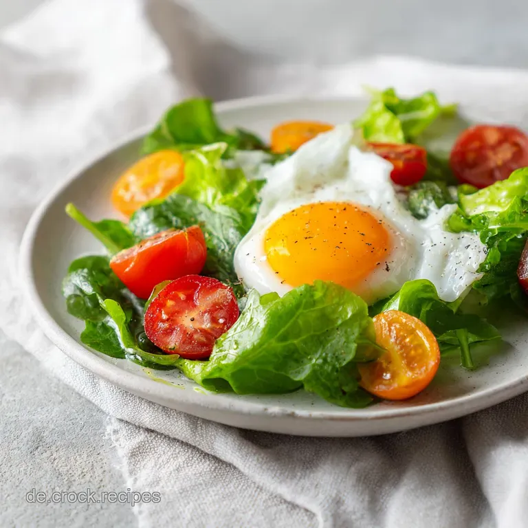 Delicate mound of field greens topped with a perfectly poached egg, its yolk a bright golden hue, alongside crispy bacon c...