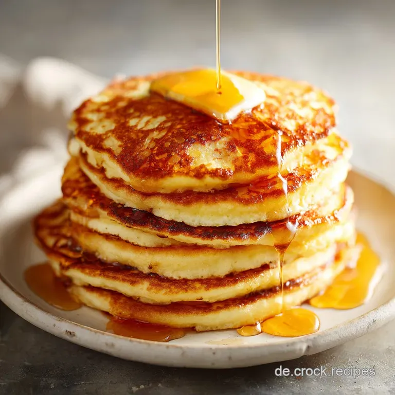 Three buttermilk pancakes stacked neatly on a white plate, adorned with fresh berries and a dusting of powdered sugar. Syr...