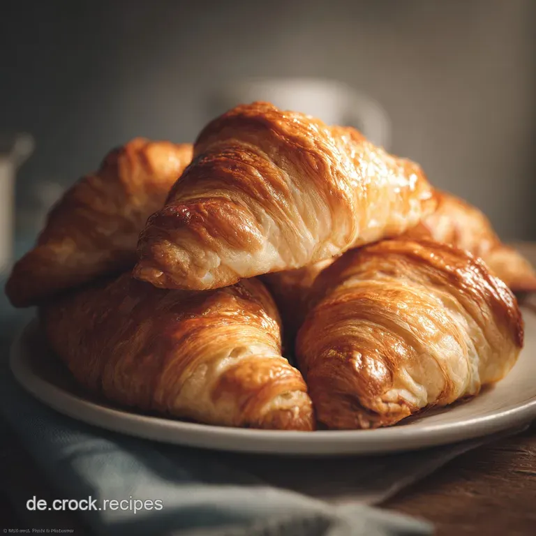 Buttery croissants artfully arranged on a white plate, dusted with powdered sugar, alongside a cup of steaming coffee.
