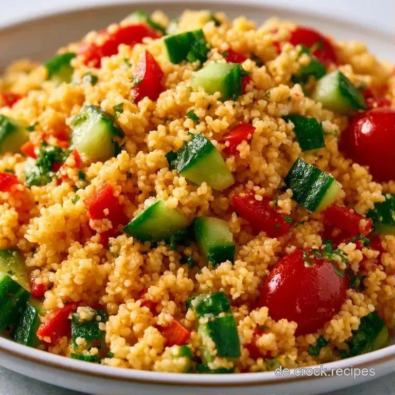 Farbenfroher Getreidesalat auf einer flachen Platte, garniert mit hellgr&uuml;nen Kr&auml;utern und gelben Zitronenscheiben.