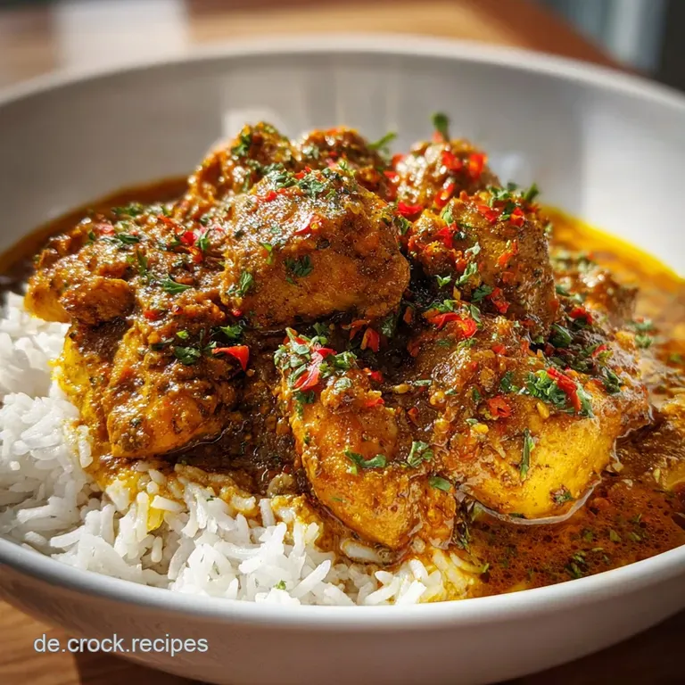 Aromatic chicken curry artfully plated with fluffy rice, garnished with bright green herbs and vibrant red chili flakes.
