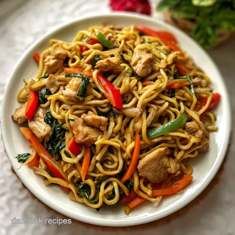 A vibrant plate of glistening fried noodles with tender chicken, garnished with green onions and sesame seeds. Ready to eat!