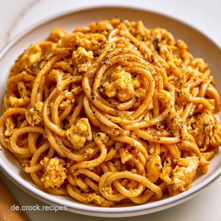 Elegant angerichtete Pasta mit einem perfekt pochierten Ei, dessen goldener Kern sanft &uuml;ber die Nudeln flie&szlig;t.