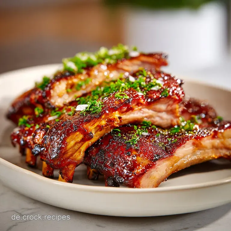 Plated spareribs with vibrant green parsley garnish. Meat has a caramelized glaze and rests on a bed of creamy polenta.