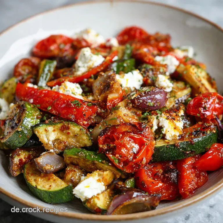 Gem&uuml;sepfanne plated elegantly: glistening vegetables, creamy feta, herbs, and a drizzle of oil. Fresh and inviting.