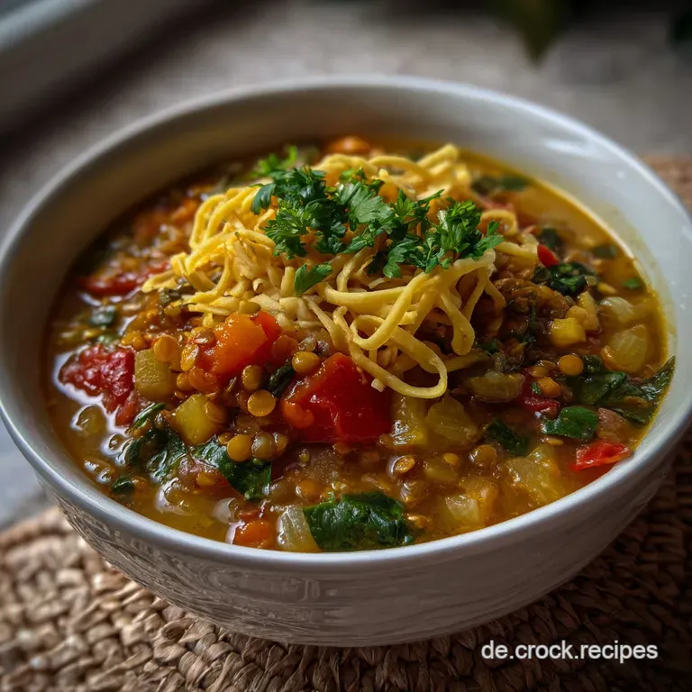 Elegant bowl of hearty soup, garnished with fresh herbs. A rustic arrangement of vegetables and pasta in a creamy, reddish...