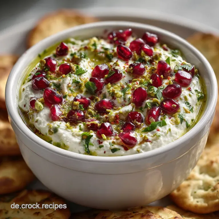 Elegant white bowl filled with a ruby-studded dip. Garnished with mint sprigs, pistachios and served with crisp toasted pi...