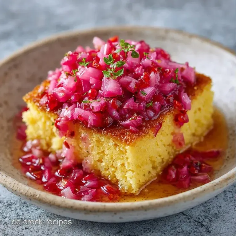 Stapel goldgelber Grie&szlig;schnitten auf einer rustikalen Platte, garniert mit leuchtend roten Beeren und wei&szlig;er Creme.