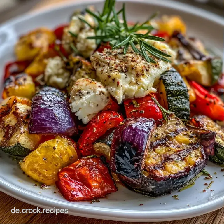 Elegant angerichtetes, goldbraun ger&ouml;stetes Gem&uuml;se mit cremigem, wei&szlig;em Feta und frischen Kr&auml;utern auf einer Platte.