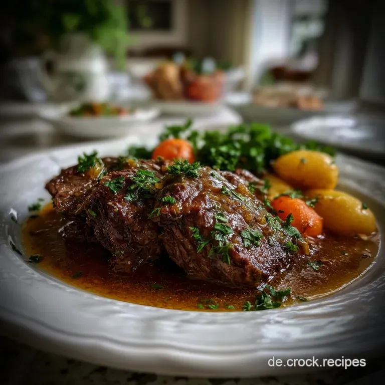 Elegant plate featuring tender slices of sauerbraten, a drizzle of sauce, and parsley garnish, beside creamy potato dumpli...