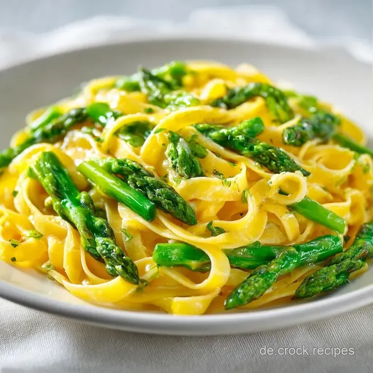 Eleganter wei&szlig;er Teller mit gl&auml;nzender Pasta, knackigem gr&uuml;nen Spargel und feinen Zitronenzesten als frisches Topping.