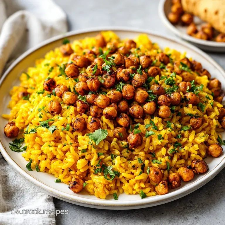 Bright yellow turmeric rice artfully mounded on a white plate, garnished with fresh herbs. A vibrant and inviting single s...