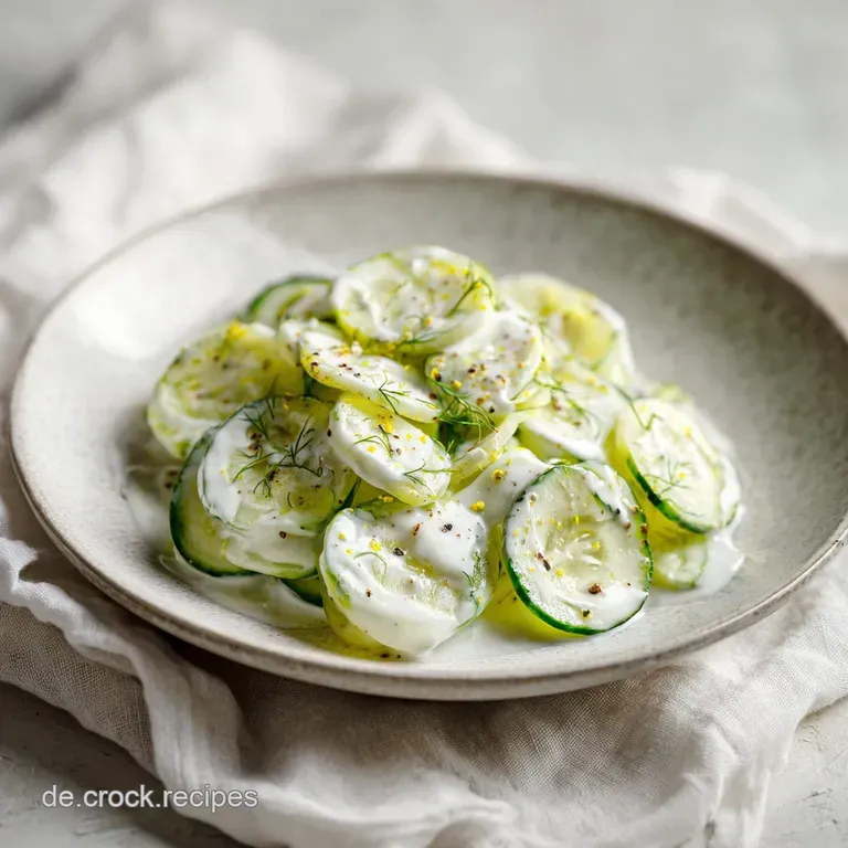 Thinly sliced cucumbers and vibrant dill elegantly arranged on a white plate, drizzled with a smooth, white dressing.