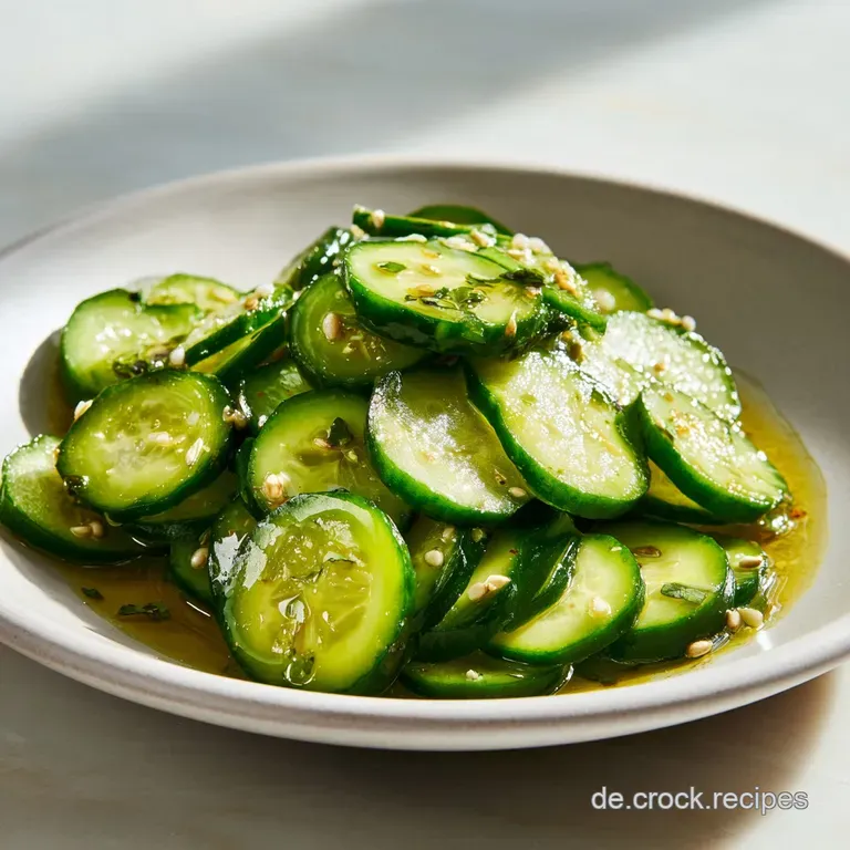 Refreshing cucumber salad with thin slices drizzled in a light vinaigrette, artfully arranged on a white plate for a light...