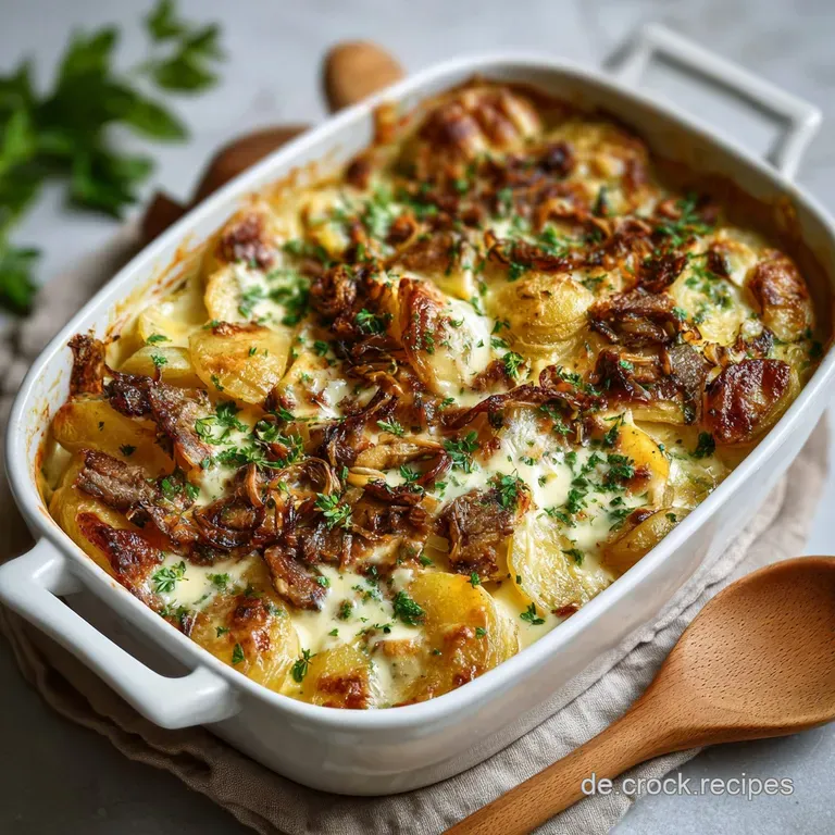 Elegant plate featuring the layered potato and gyro bake, with vibrant green herbs and a swirl of rich, glossy hollandaise...