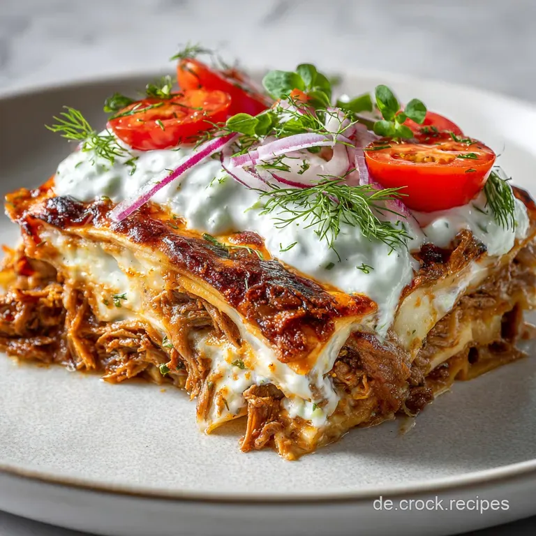 A slice reveals layered ground meat, noodles, creamy sauce. Fresh green herbs & a dollop of white sauce add a bright, flav...