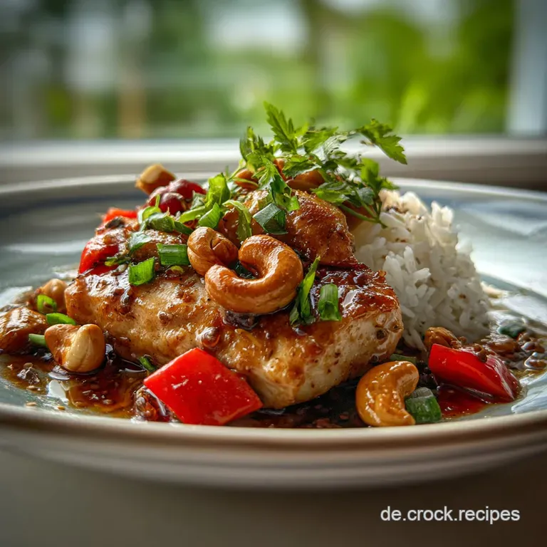 Perfectly plated chicken and cashew dish with vibrant bell peppers, sprinkled scallions, and glossy, rich sauce, ready to ...