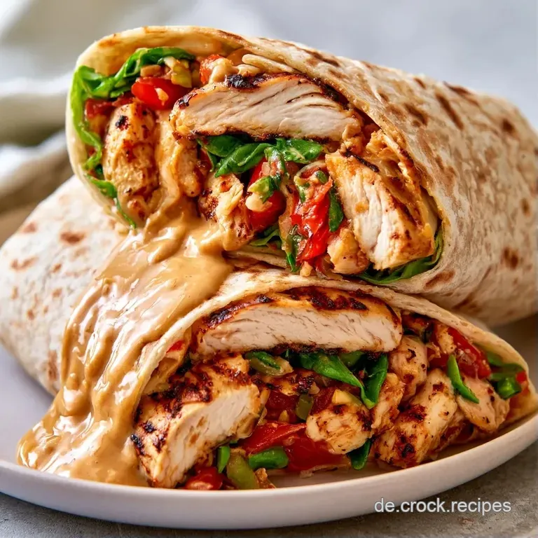 Elegant angerichtete Wraps auf einer wei&szlig;en Platte mit frischen Limettenscheiben und einer Schale gl&auml;nzender Sauce.