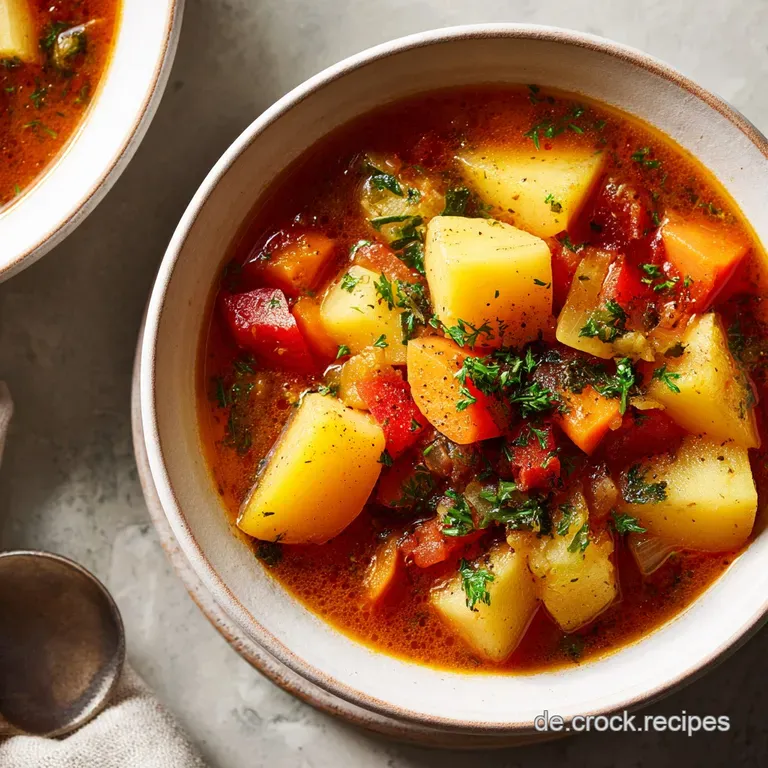 Steaming bowl of potato stew, garnished with fresh parsley, next to crusty bread on a rustic wooden table. Comfort food!