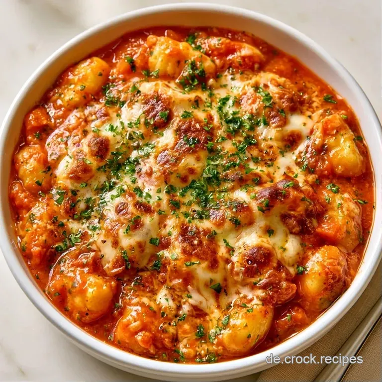 Ein cremiger Gnocchi-Auflauf auf einem wei&szlig;en Teller, mit geschmolzenem K&auml;se und einem Hauch frischer Petersilie.