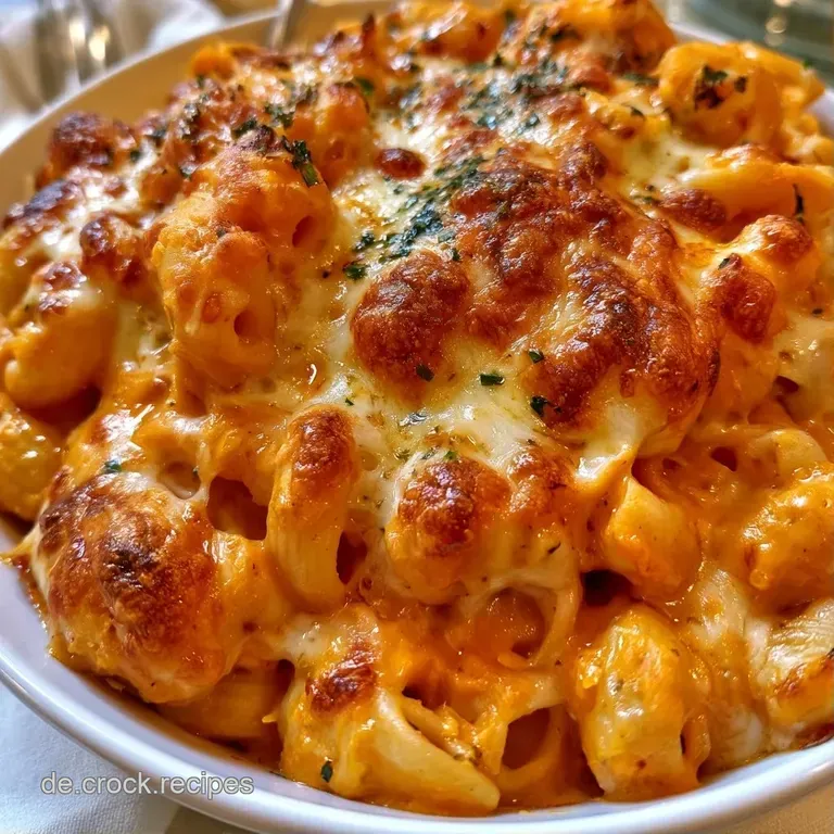 Eine Portion goldgelbe, geschmolzene Pasta auf einem dunklen Teller, flankiert von einem frischen, gr&uuml;nen Beilagensalat.