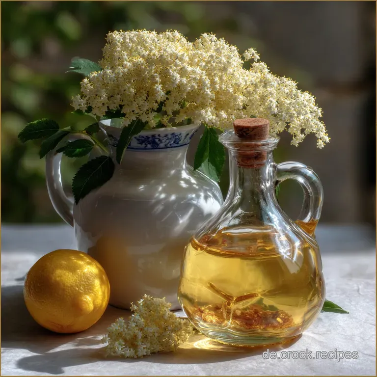 Elegant, golden liqueur poured into a stemmed glass, reflecting soft light, with a few fresh elderflowers creating a vibra...