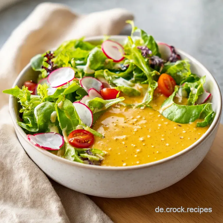 A salad generously coated in creamy honey mustard dressing, with fresh green leaves and a scattering of seeds.