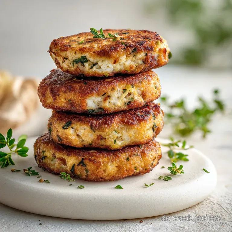Stack of savory cottage cheese pancakes topped with fresh dill and chives on a white plate, a dollop of creamy sauce nearby.