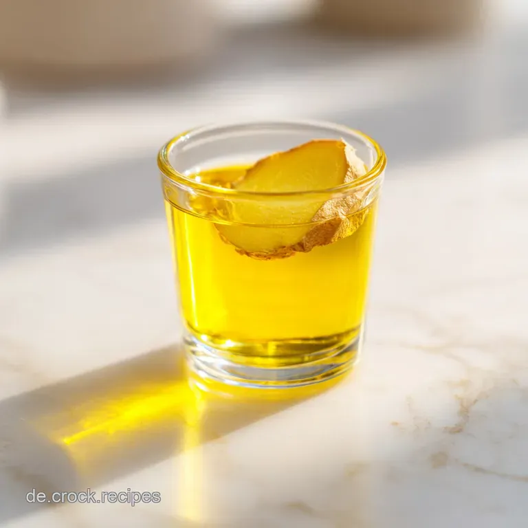 Elegant small glass of bright orange tonic garnished with a lemon slice on a clean, minimalist white marble surface.
