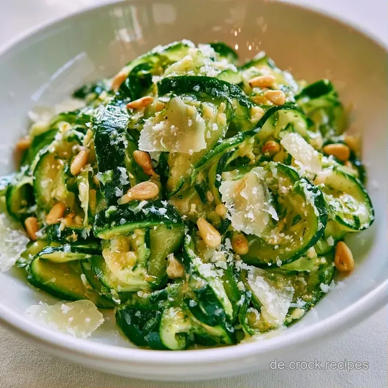 Ein heller Teller mit knallgr&uuml;nen Zucchini-Streifen, zartem K&auml;se und frischem Basilikum, elegant und leicht angerichtet.
