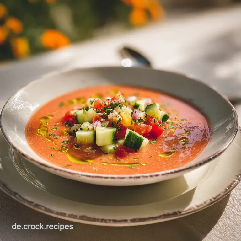 Chilled tomato soup elegantly swirled in a white bowl, topped with glistening olive oil and finely chopped vegetables.