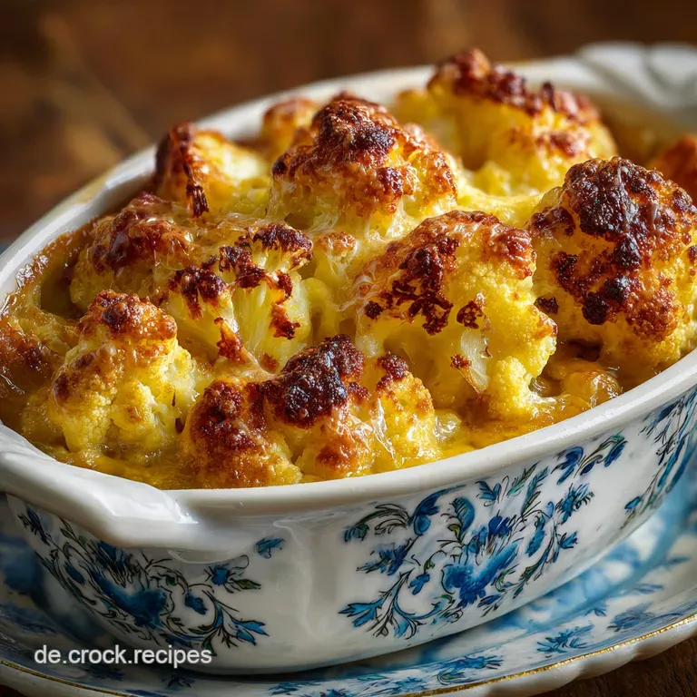Individual serving of potato cauliflower casserole, browned edges, parsley garnish, on a white plate, steaming.