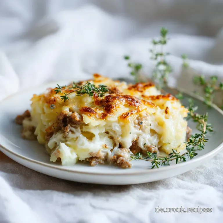 A generous scoop of baked potato and meat casserole, topped with melted cheese and a sprinkle of fresh chives.