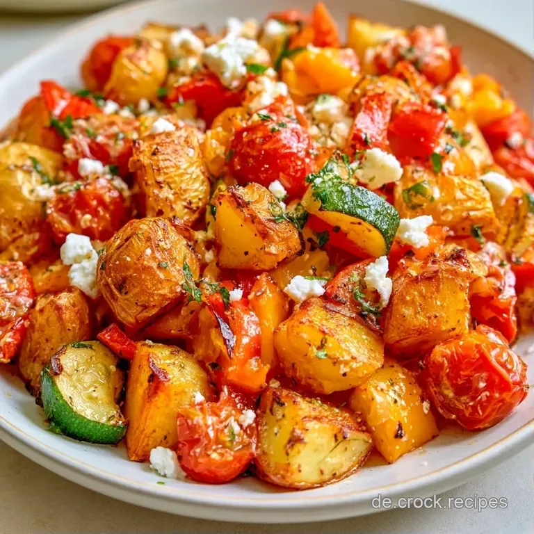 Dampfendes Gem&uuml;segemisch auf einer rustikalen Platte mit geschmolzenem Feta und gl&auml;nzenden, goldgelben Kartoffelst&uuml;cken.