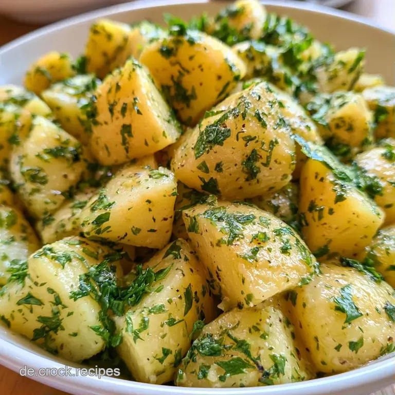 Elegant angerichtete, gl&auml;nzende Kartoffelw&uuml;rfel auf einer Keramikplatte, garniert mit frischen Kr&auml;uterzweigen und Pfeffer.