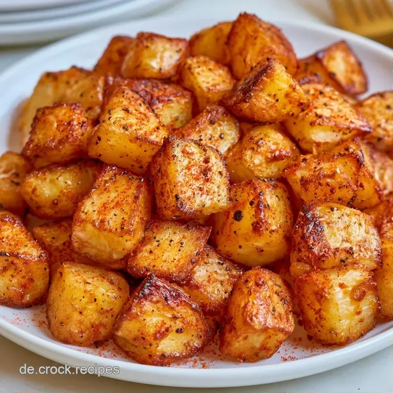 Goldgelbe Kartoffelw&uuml;rfel auf einer wei&szlig;en Servierplatte, garniert mit frischer gr&uuml;ner Petersilie und grobem Salz.