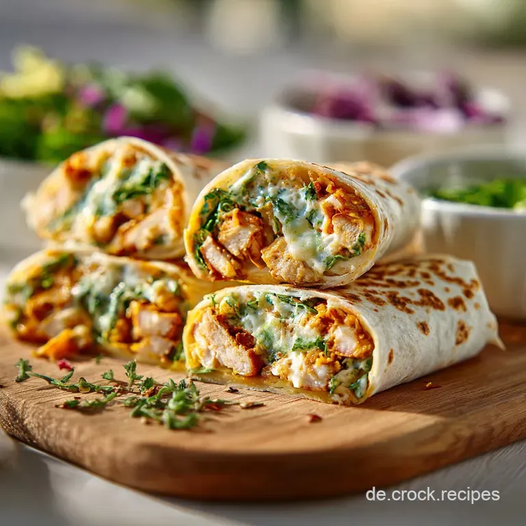 Stacked chicken wraps, oozing with cheese, presented beautifully on a wooden board. The golden-brown tortillas are slightl...