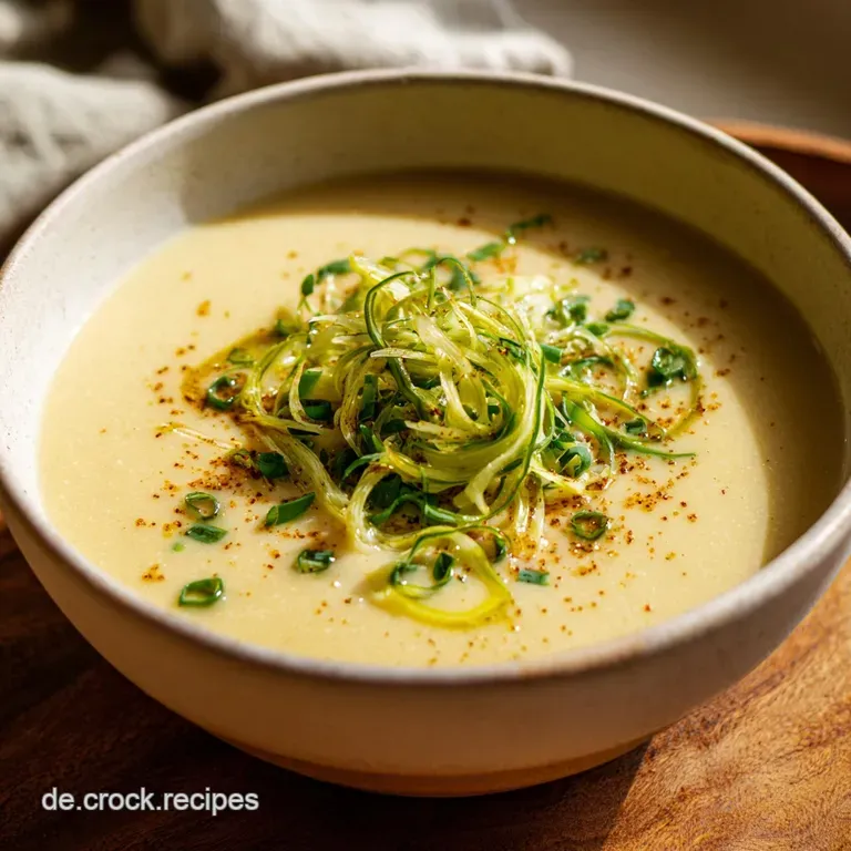 Steaming bowl of cheesy leek soup with crumbled ground beef, garnished with vibrant chives on a rustic wooden table.