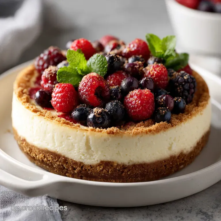 A slice of rich cheesecake sits on a white plate, the smooth filling contrasting with the textured cookie base, dusted wit...