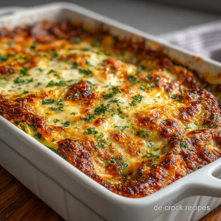 Slice of zucchini lasagna showcasing vibrant green zucchini, creamy cheese, and meaty sauce, served on a white plate with ...