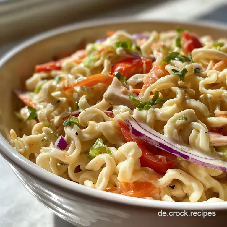 A scoop of chilled noodle salad, elegantly plated, featuring bright pops of color from tomatoes, peppers, and leafy green ...