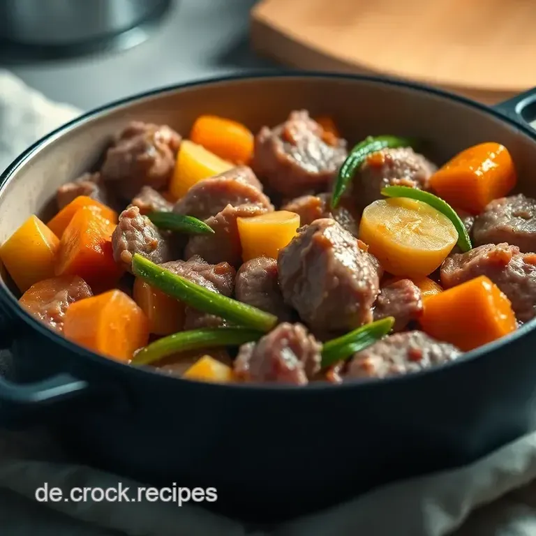 Klassischer Ofenmeister-Schmortopf mit Gemüse und saftigem Fleisch presentation