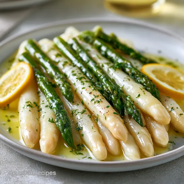 Elegant angerichteter wei&szlig;er Spargel auf einer wei&szlig;en Platte, &uuml;berzogen mit cremiger, gl&auml;nzender Sauce Hollandaise.