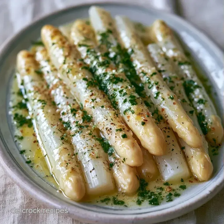 Auf einer wei&szlig;en Porzellanplatte liegen dampfende, wei&szlig;e Spargelspitzen, gl&auml;nzend von geschmolzener Butter &uuml;berzogen.