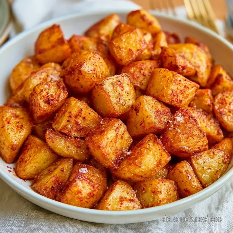 Elegant angerichtete, goldgelbe Kartoffelw&uuml;rfel auf wei&szlig;em Porzellan, serviert mit einem cremigen Dip und Kr&auml;utern.