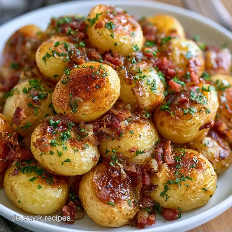 R&ouml;stkartoffeln auf einem wei&szlig;en Porzellanteller, garniert mit w&uuml;rzigem Speck und einem Zweig frischer Petersilie.