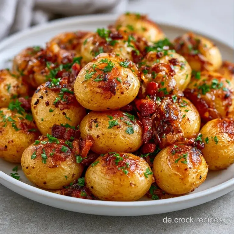 Rustikales Holzbrett mit goldgelben Bratkartoffeln, gl&auml;nzenden Speckst&uuml;cken und einem Hauch von frischen Kr&auml;utern.