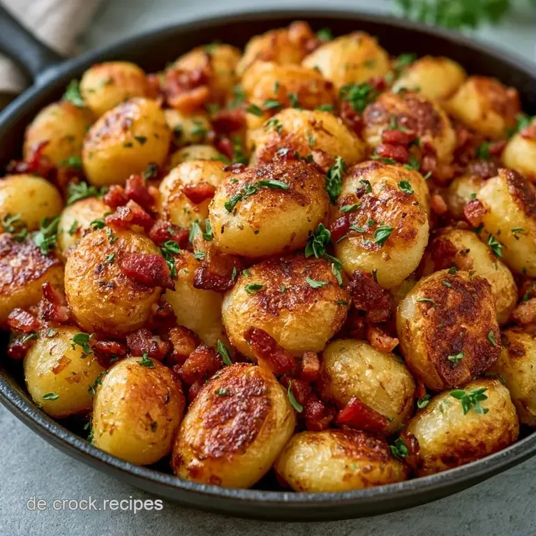 Knusprige, goldgelbe Kartoffelspalten auf einem wei&szlig;en Keramikteller, garniert mit gr&uuml;nen Kr&auml;utern und einer Prise Salz.
