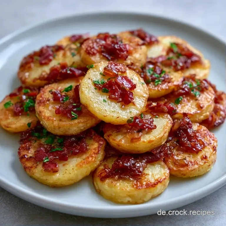 Ein rustikaler Keramikteller mit dampfenden, goldgelben Kartoffelw&uuml;rfeln, r&ouml;stbraunem Speck und zarten Zwiebelringen.